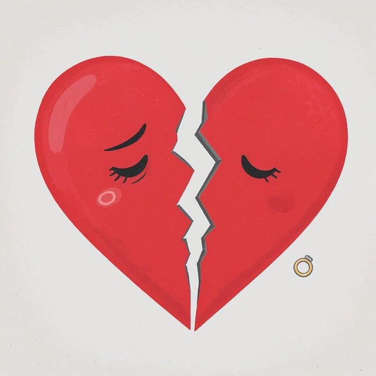 Illustration of a broken heart with sad facial expressions, symbolizing the Love Relation Precision Sever ritual for karmic bond severance.