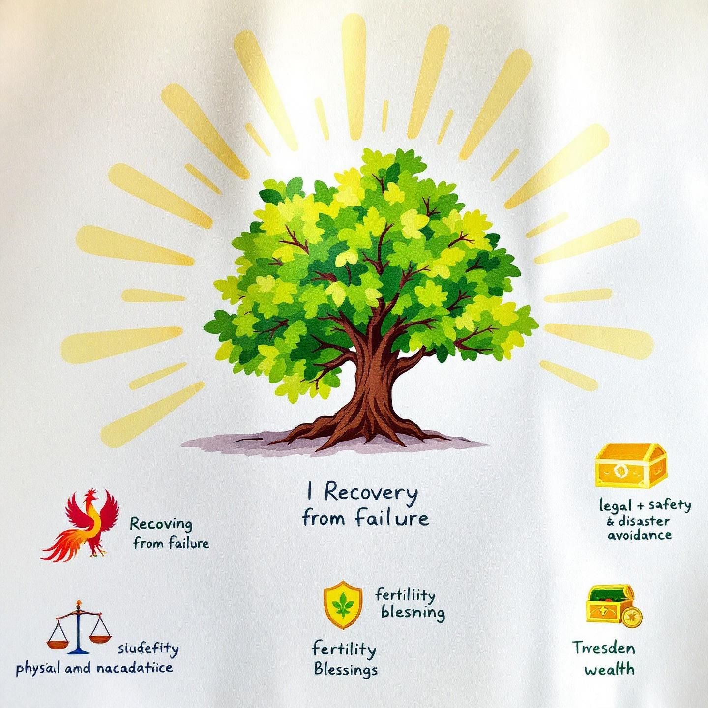 Celestial Petition - Ritual Service illustration featuring a radiant tree symbolizing recovery from failure, surrounded by icons for safety, fertility, and wealth.