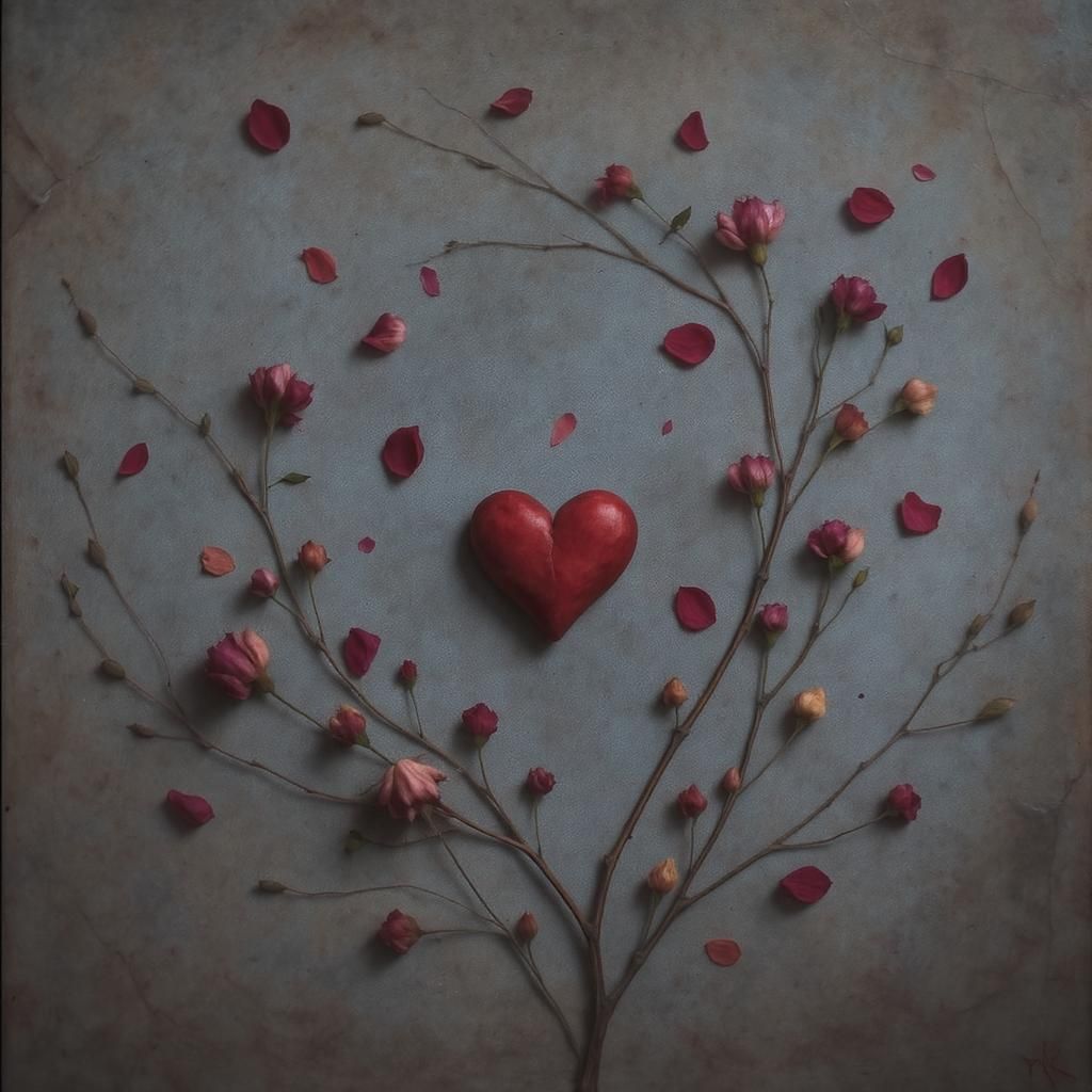 Destiny Rituals - Aura Purification heart-shaped symbol surrounded by dried rosebuds and petals, representing energy healing and emotional cleansing.